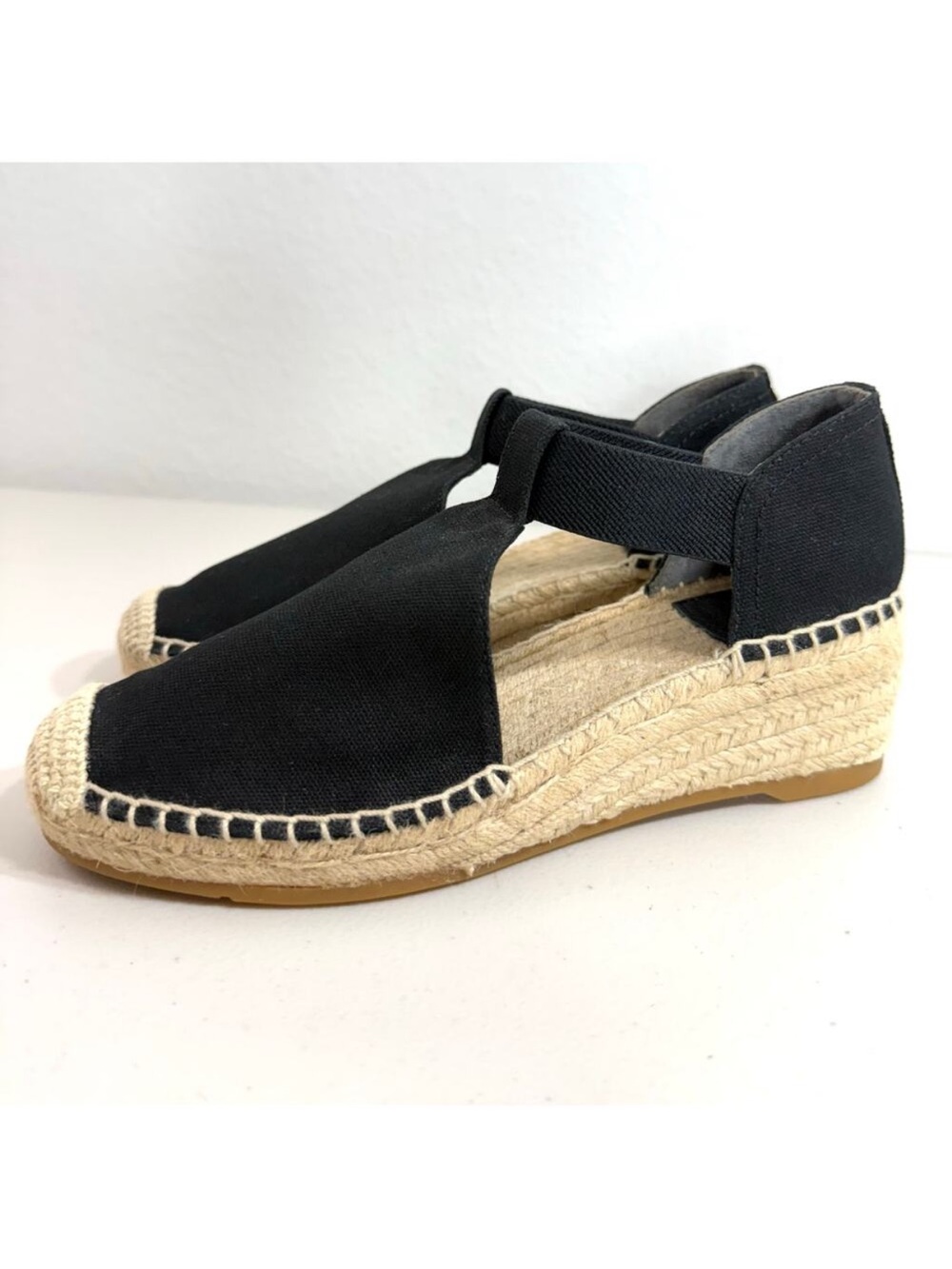 Tory Burch Black Canvas Espadrille Wedge Sandals with Elastic Ankle